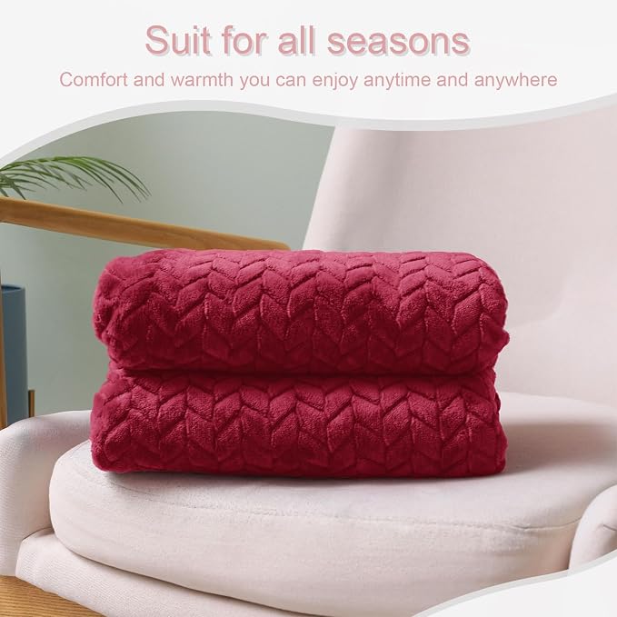 Exclusivo Mezcla Fleece Throw Blanket for Couch Sofa, 50”x70”, Deep Red | Oversized Soft Cozy Fluffy Blankets for Summer, Decorative Plush Flannel Throws for Living room, Bedroom with Leaves Pattern