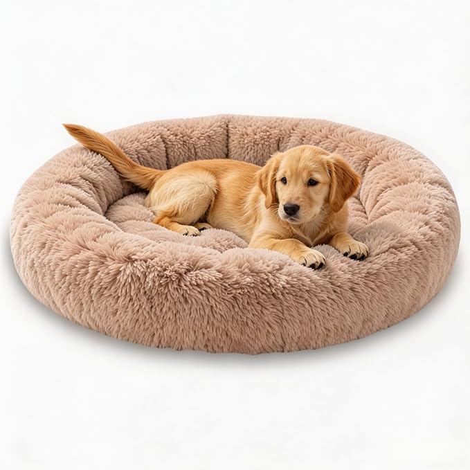 Calming Extra Large Donut Dog Bed, Anti-Anxiety Round Soft Fluffy Plush Faux Fur Washable Anti-Slip Pet Bed for Medium Dogs Up to 45 lbs 32in (Camel)