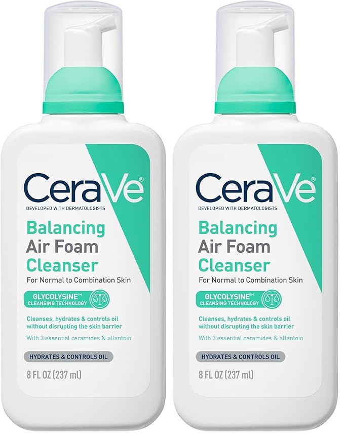 CeraVe Balancing Air Foam Face Wash,Foaming Facial Cleanser Combination Skin,8HR Oil Control,24HR Hydration,Fragrance-Free & Non-Comedogenic,With Glycolysine™ & 3 Essential Ceramides,8oz,(Pack of 2)