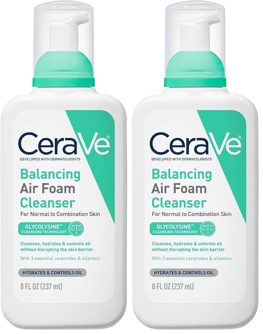 CeraVe Balancing Air Foam Face Wash,Foaming Facial Cleanser Combination Skin,8HR Oil Control,24HR Hydration,Fragrance-Free & Non-Comedogenic,With Glycolysine™ & 3 Essential Ceramides,8oz,(Pack of 2)