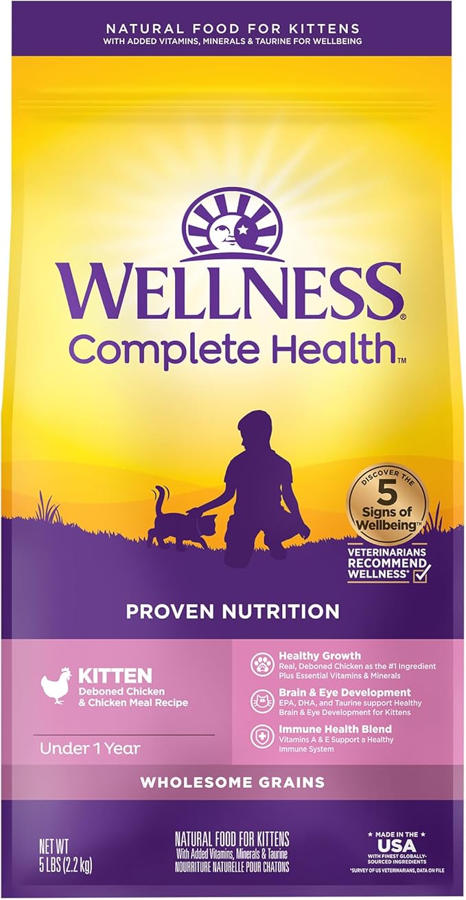 Wellness Complete Health Kitten Dry Cat Food, Natural, Wholesome Grains Kibble, Turkey, Turkey Meal and Chicken Recipe, 5 lb Bag