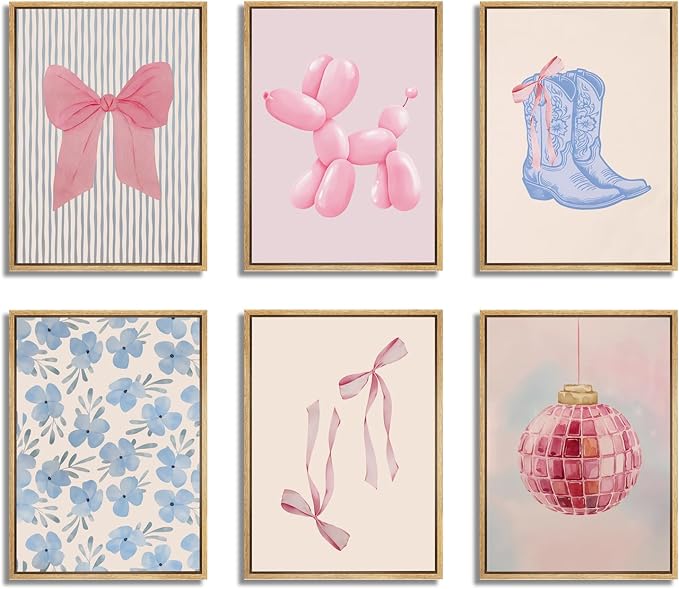 Blue and Pink Preppy Poster Set of 6 Cute Coquette Bow Boots Wall Art Aesthetic Coastal Wall Art, Trendy Girls Dorm Decor Cute Pink Bows Wall Decor for Bedroom Living Room Unframed 8x10 Inch