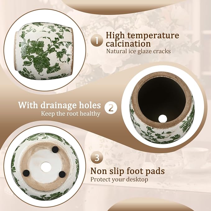SiliFine Vintage Ceramic Flower Pot with Ice Crackle Rustic Planter with Drainage Holes for Indoor and Outdoor Decor Home Living Room Garden Decor Gardening Gift(Vintage Green Style)