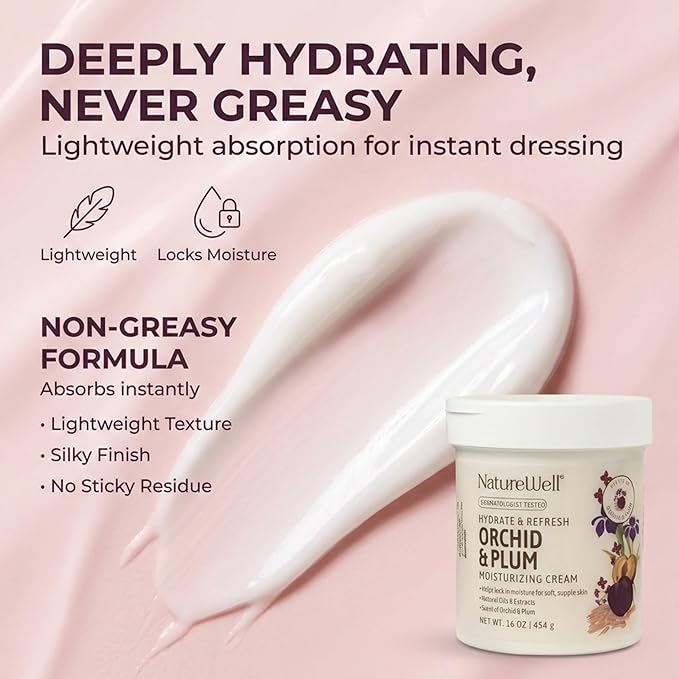 NATURE WELL Orchid & Plum Hydrate & Refresh Moisturizing Body Cream, Infused with Natural Oils & Extracts, Non-Greasy, Lightweight Texture, Helps Lock in Moisture for Soft, Silky, & Supple Skin,16 Oz