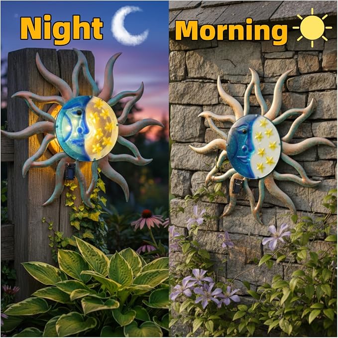 VEWOSTAR 29" Large Metal Sun and Moon Wall Art | 3D Fence Wall Decor With with Solar Lights, Hanging Decoration for Patio Garden Yard,Gift Ideal for Mom