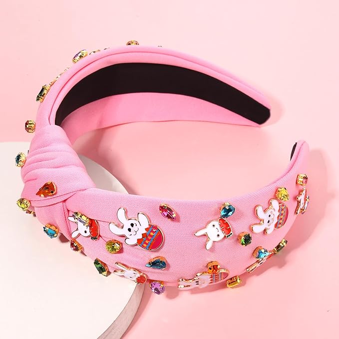 mokkia Easter Headbands Beaded Rabbit Bunny Headband for Women Pink Spring Knotted Headband Easter Hair Accessories Gifts