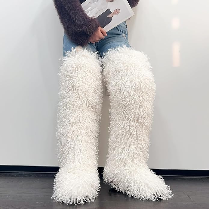 SWEETHEART BEAUTY Thigh High Shagy Teddy Fur Boots, 29 Inch Over the Knee Length Fluffy High Boots, Tall Furry Shoes For Women