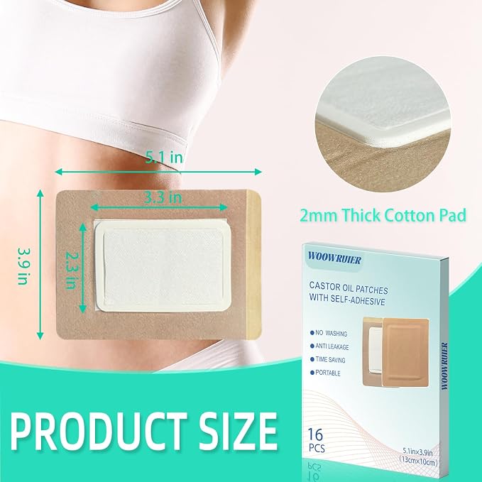 16 Pcs Castor Oil Patches, Disposable Portable Castor Oil Packs with Anti Leakage Cotton for Belly/Feet/Knee (Oils Not Included), 5.1" x 3.9"