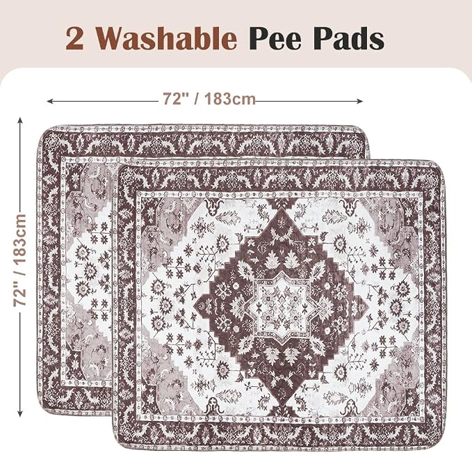 Washable Pee Pads for Dogs, 2 Pack Reusable Puppy Training Pads 72"x72" Super Absorbent Waterproof Dog Training Pads, Non-Slip Potty Pads, Whelping Pads Litter Mat Light Brown Medallion