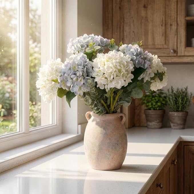 Rustic Ceramic Vase for Flowers 7.7", Terracotta Pottery Vase with Handles & Distressed Finish, Large Vintage Decorative Stone Clay Vases for Farmhouse Decor, Table Centerpiece, Fireplace Mantle