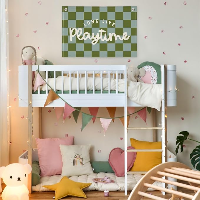 Playroom Decor Long Live Playtime Banner, Green And Blue Checkered Pattern Banner Linen Hanging Banner Flag for Nursery Toddler Room, Boys Girls Kids Room Decor,Classroom Decorations 30x20