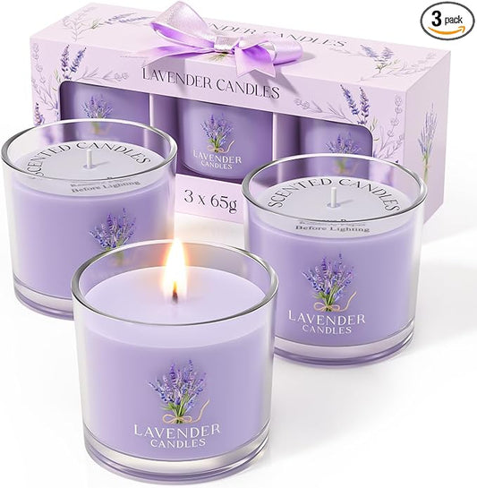 CHILLFLAME Lavender Candle, Scented Candles Gift Set for Stress Relief, 3 Votive Candles for Women and Men, Birthday Candle Gifts for Women, Christmas Candles for Women (Purple, 7 oz)