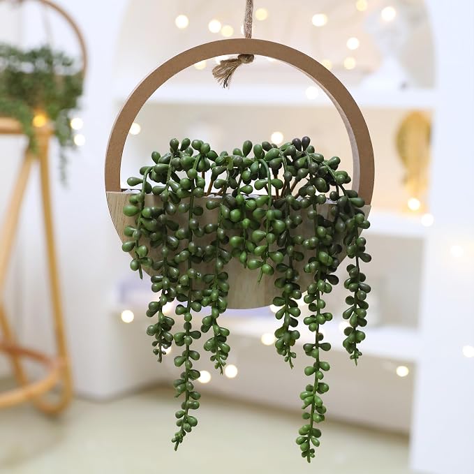 2pcs Artificial Succulents Hanging Plants 20.1'' Fake String of Pearls in Pot with 9.4'' Lanyard for Indoor Outdoor Wall Decor（Wood Color）