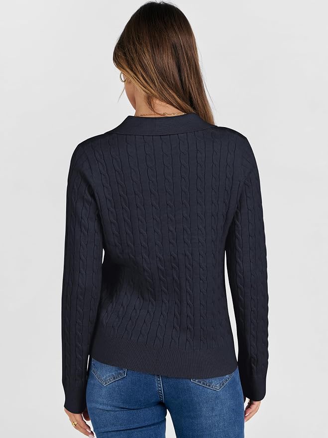 ANRABESS Womens Cable Knit Sweaters Long Sleeve V Neck | Pullover Collared Sweater Tops, Polo Knit Shirts, Business Casual Work, Tennis Golf, Fall Winter Fashion Outfits