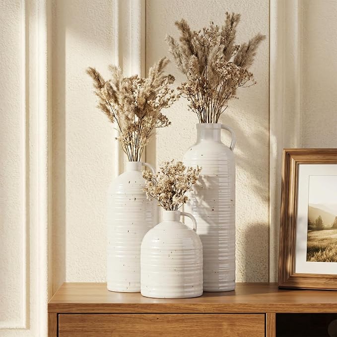 Firehold Ceramic Vase Set of 3 w/Handles, Rustic Farmhouse White Decor Vase | Textured Country Home Decor Vases for Shelf, Mantel, Table Centerpiece, Perfect for Pampas Grass & Dried Flowers