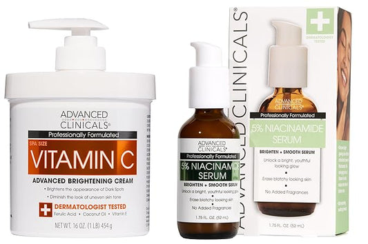 Advanced Clinicals Brightening Vitamin C Cream + 5% Niacinamide Serum W/Hyaluronic Acid 2pc Set | Vitamin C Body Lotion Moisturizer & Dark Spot Remover Face Serum | Skin Care Products, 2pc Bundle