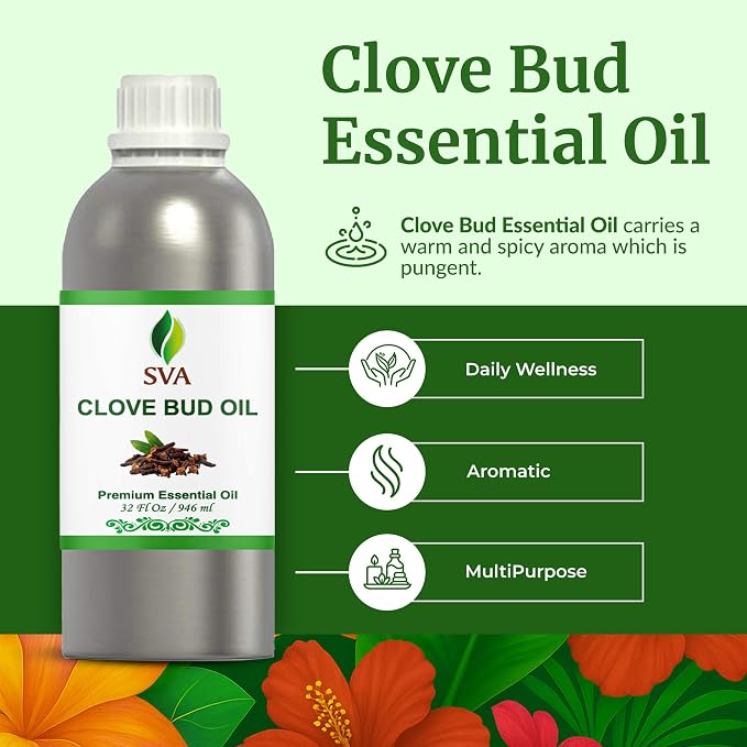 SVA Clove Bud Essential Oil - 32 Fl Oz - for Face, Skin Care, Hair Care, Scalp Massage & Body Massage