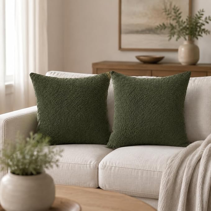 JoraLion 24x24 inch Boucle Throw Pillow Covers, Army Green Woven Texture Neutral Pillow Cover Breathable Cushion Case for Couch Sofa Bed Living Room Home Decor, Pack of 2, No Insert