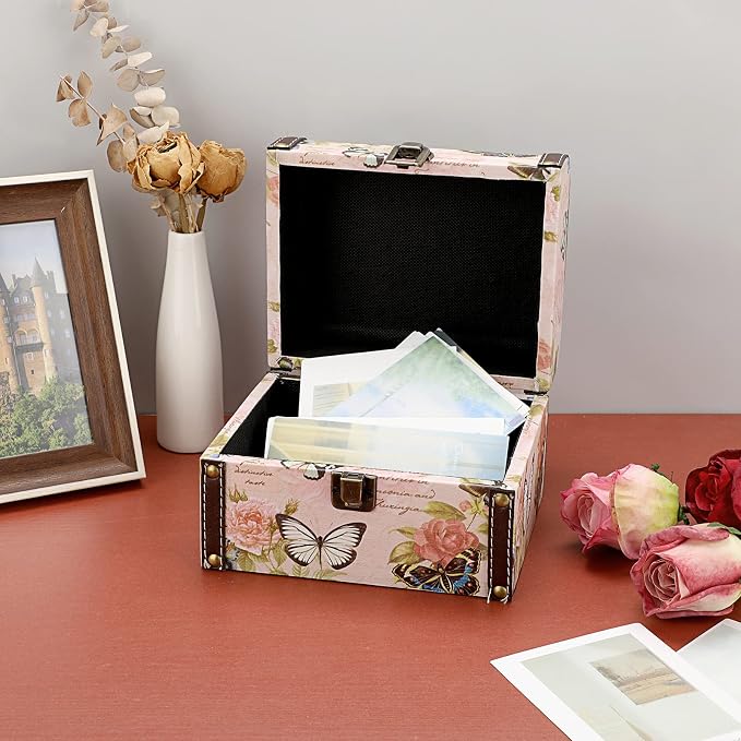 ELLDOO Butterfly Treasure Chest Box, Wooden + PU Leather Storage Decorative Box for Jewelry Trinkets, Keepsakes box for Girls Women Gifts