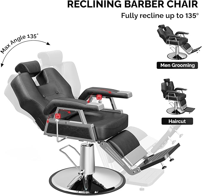 OmySalon Classic Barber Chair with 2 Hand Levers, Reclining Salon Chair for Hair Stylist All Purpose Heavy Duty, Adjustable Headrest, Tattoo Barbershop Beauty Spa Equipment