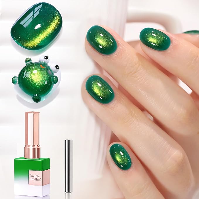 Double Rhythm 15ML Jelly Glass Cat Eye Gel Polish with Magnet Holographic Glitter Shimmer Translucent Sheer Color Salon Soak Off Magnetic Nail at Home (Dark Green-MC1185)