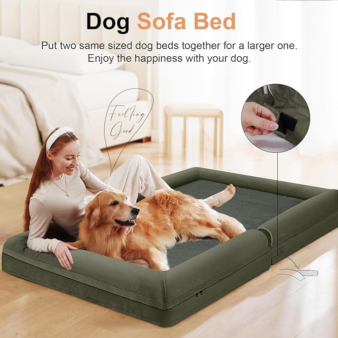 Orthopedic Dog Bed for XX-Large Dogs, 44 x 34 Inch, Dark Green | Egg crate foam for joint support, 3-sided bolster pet sofa, waterproof lining, washable cover, and non-skid base