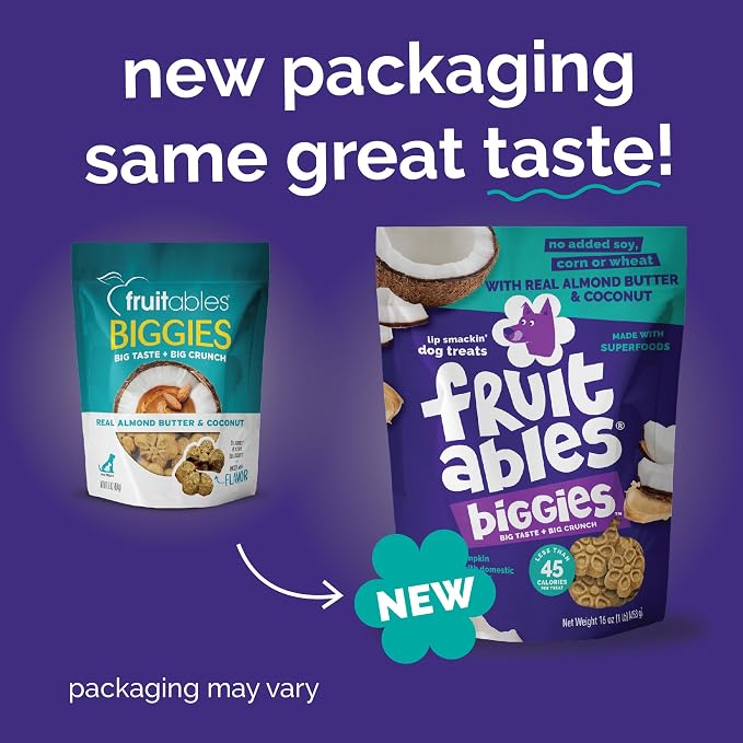 Fruitables Biggies Dog Biscuits, Pumpkin Treats for Dogs, Healthy Doggie Biscuits, Crunchy Treats, No Wheat, Corn or Soy, Made in the USA, Almond Butter and Coconut Flavor, 16oz