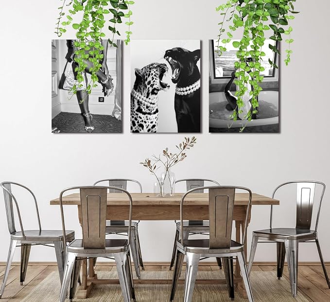 Bathroom Fashion Leopard Print Black and White Canvas Wall Art Trendy Women Posters Paintings Luxury Feminist Pictures Wall Decor for Bedroom Living Room Hallway Home Decoration 12×16 In Framed