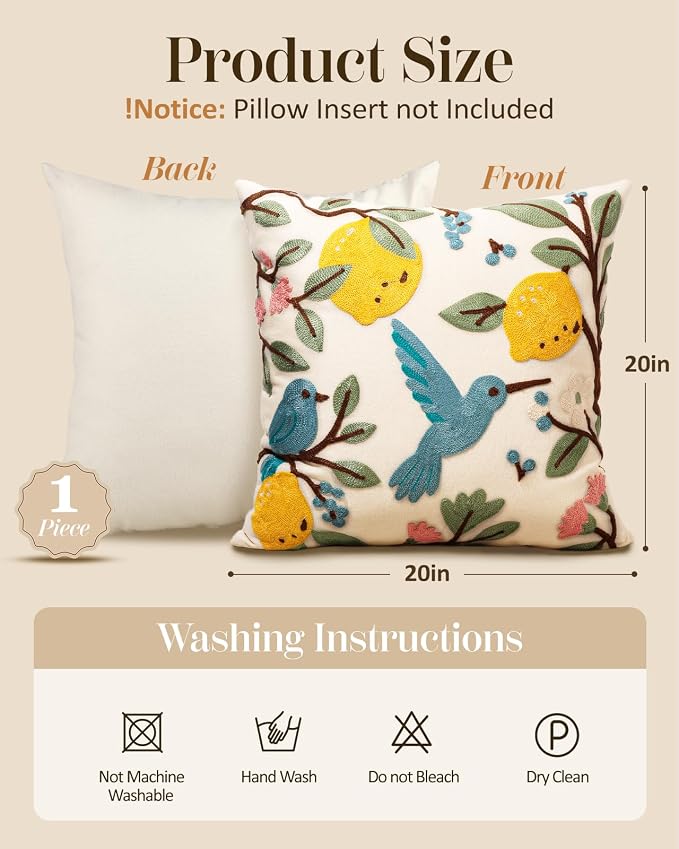 Embroidered Throw Pillow Cover 20x20 Inch, Bird Lemon | Decorative Pillow Cover, Farmhouse Cushion Case with Hidden Zipper, Cottagecore Decor for Couch, Sofa, Living Room, Bedroom