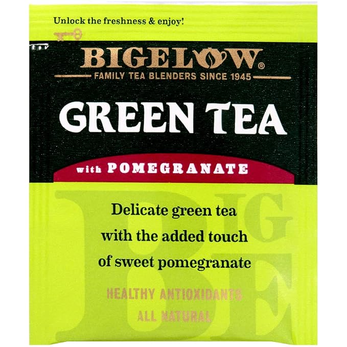 Bigelow Tea Green Tea with Pomegranate 28-Count Box (Pack of 1) Premium Green Tea with Pomegranate Rosehips Hibiscus Antioxidant-Rich All Natural Medium-Caffeine Tea in Foil-Wrapped Bags