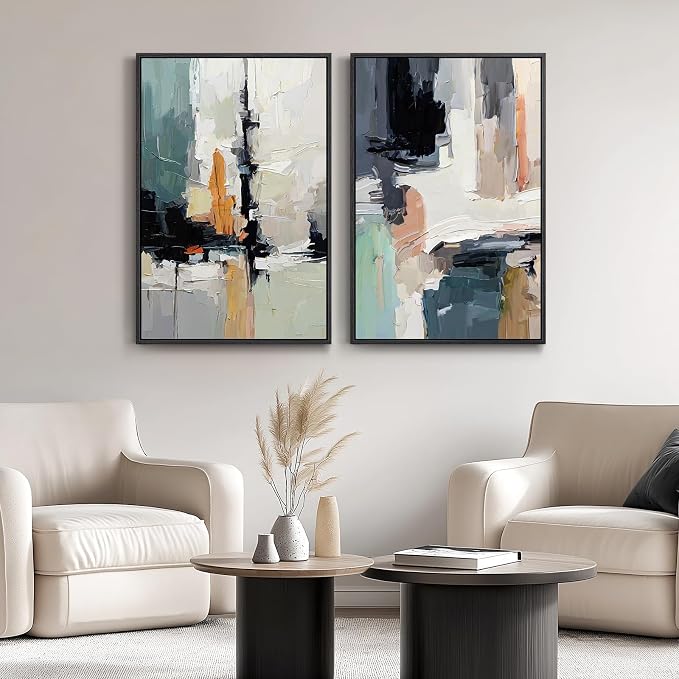 Large Framed Colorful Abstract Wall Art, Set of 2 Modern Canvas Prints Paintings Artwork for Walls, Bright Blue Green Multicolor Pictures for Living Room Hallway Dining Bedroom Wall Decor 20x30 In