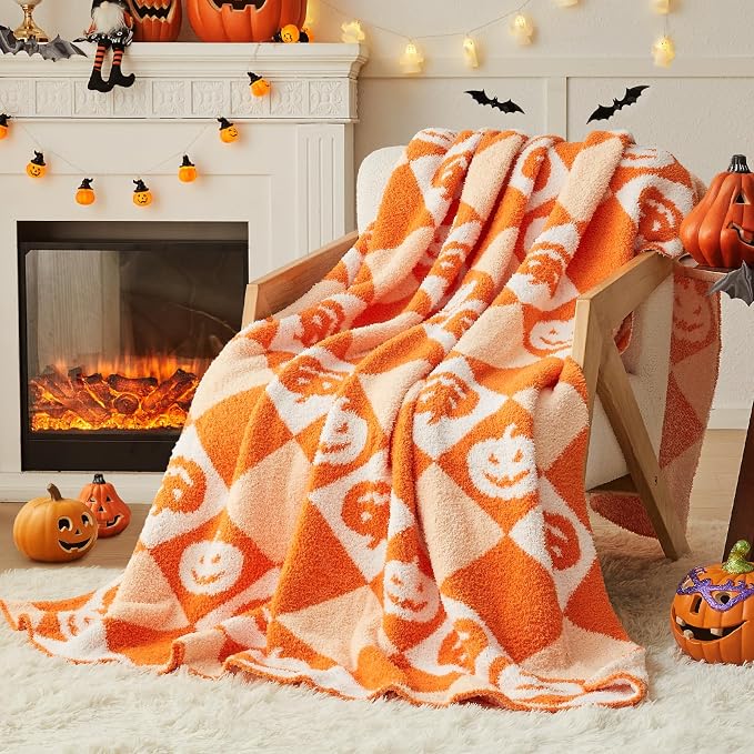 Halloween Knit Throw Blanket - Pumpkin Blanket for Couch, Soft Cozy Lightweight Fluffy Blanket for Fall Decor, 60"x80"