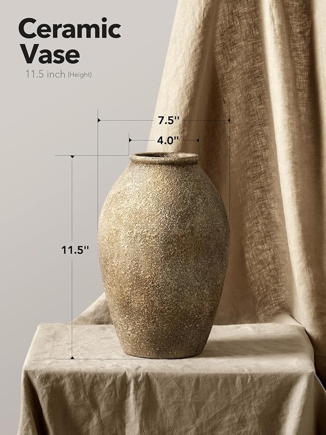 LE TAUCI Ceramic Vase, 11.5 Inch Large Rustic Farmhouse Vase, Tall Vase for Home Decor, Living Room Table & Mantel Centerpiece, Watertight & Sturdy, Sandstone Brown