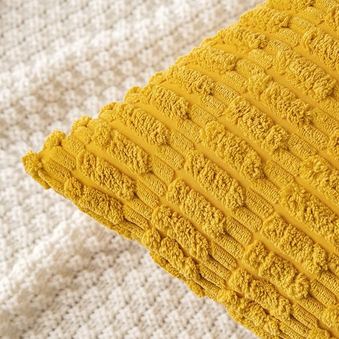 MIULEE Decorative Throw Pillow Covers 18x18 Mustard Yellow Pack of 2 | Soft Corduroy Boho Striped Pillow Covers Modern Farmhouse Home Decor For Sofa Living Room Couch Bed