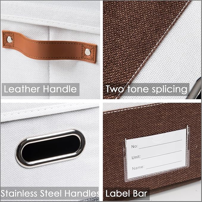 Foldable Storage Bins with Lids [3-Pack] Fabric Collapsible Storage Boxes Baskets Cubes Containers with Handles for Closet Living Room Bedroom (Brown & White 17.7x11.8x11.8'')