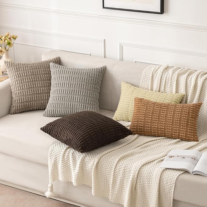 MIULEE Euro Sham Corduroy Decorative Throw Pillow Covers 24x24 Brown | Pack of 2 Soft Boho Striped Pillow Covers Modern Farmhouse Fall Home Decor For Sofa Living Room Couch Bed