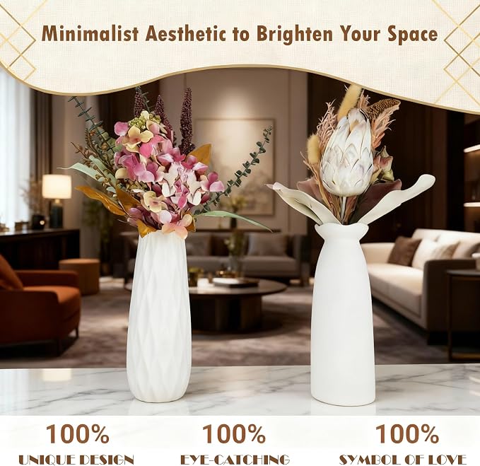 10-Piece 8 Inch White Ceramic Vases Set - Minimalist White Vases for Home Decor, Weddings, Pampas Grass & DIY Crafts | Rustic Matte White Ceramic Vases Bulk