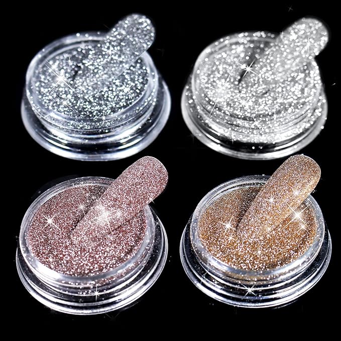 Allstarry Diamond Nail Glitter 4 Colors Sparkling Korea Reflective Diamond Glitter Dust Shiny Powder Pigment Nail Supplies for Nail Art Gel Polish Disco Party Nightclub Wedding Crafts