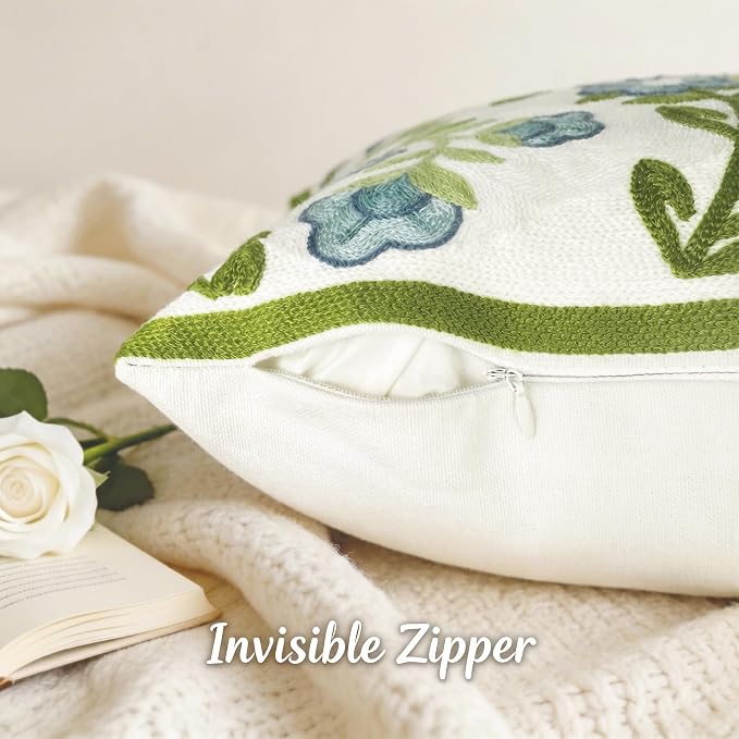 Alysheer Floral Embroidered Summer Decorative Throw Pillow Covers 18"x 18" Set of 2, Farmhouse Blue Flowers Green Vines Patterned Cotton Cushion Cases for Couch Bed Living Room Cottage Decor