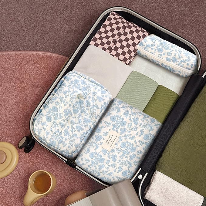 GISMTR 3Pcs Cotton Quilted Makeup Bag Large Travel Cosmetic Bag Coquette Makeup Pouch Cute Aesthetic Floral Toiletry Bag for Women Girls