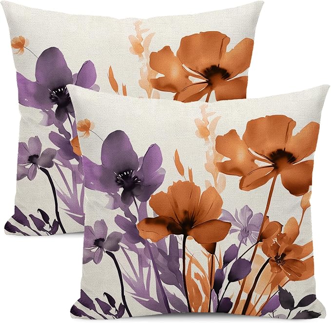 Floral Pillow Covers 18x18 Inches Set of 2 Fall Purple Orange Floral Throw Pillow Covers Outdoor Rustic Summer Flower Decoration Pillowcase Farmhouse Decorative Cushion Cover for Couch Sofa