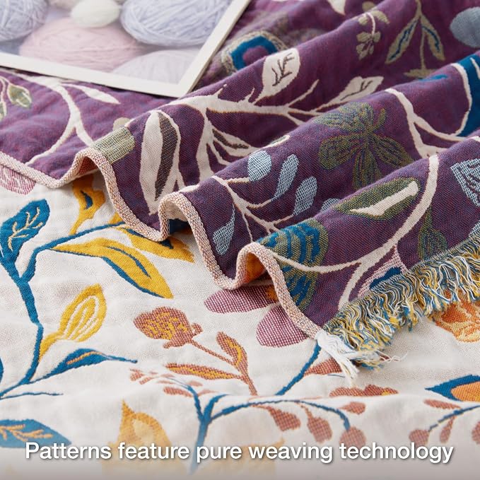 100% Cotton Boho Throw Blanket for Home Decor – Classic Farmhouse Quilt Bedding, Muslin Blankets for Adults, Vintage Woven Decorative Blanket for Couch, Bed Layering Use, Botanic Floral, 60"x80"