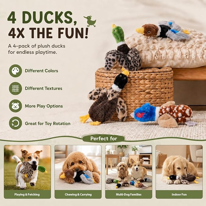 Stuffing-Free Duck Dog Toys, 4 Pack Squeaky Crinkle Plush Dog Toy Set, No-Stuffing Puppy Toys for Small & Medium Dogs, Soft Dog Toys for Light to Moderate Chewers
