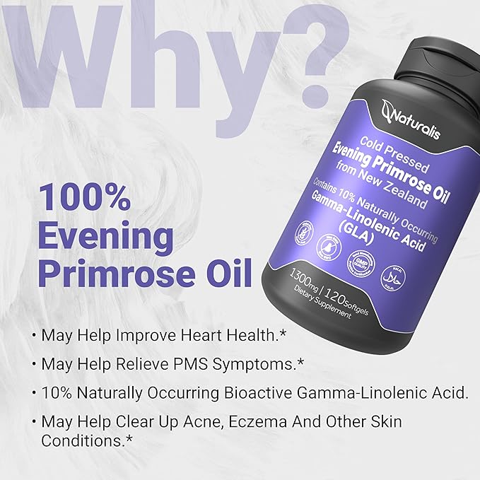 Naturalis Evening Primrose Oil (1300mg) | 100% Natural from New Zealand | Non-GMO, Soy & Gluten Free, Zero Filler | 120 Softgels