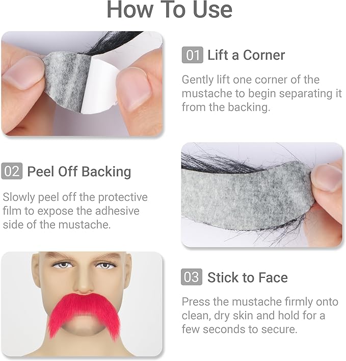 2Pcs Men Fake Mustache Realistic Mustaches Fake Facial Hair Beard for Cosplay Costume Halloween Parties