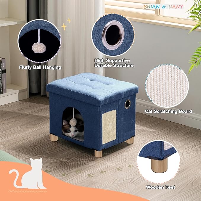 BRIAN & DANY Cat Beds for Indoor Cats,Cat Cave House for Kitten with Scratch Board & Ball, 14.7" x 14.1” x 12.7”, Blue
