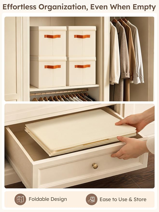 Storage Bins with Lids - Fabric Storage Baskets for Shelves, 4 Pack Foldable Decorative Boxes with Handles, Stackable Organizer Bins for Home, Nursery, Dorm, Beige