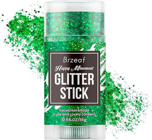 Brzeaf Waterproof Green Body Glitter Stick, Christmas Chunky Glitter for Face/Body/Hair/Eyes/Lip, Singer Concert Music Rave Festival, Glitter Stick Makeup & Face Glitter Gel for Women Men 0.56 OZ