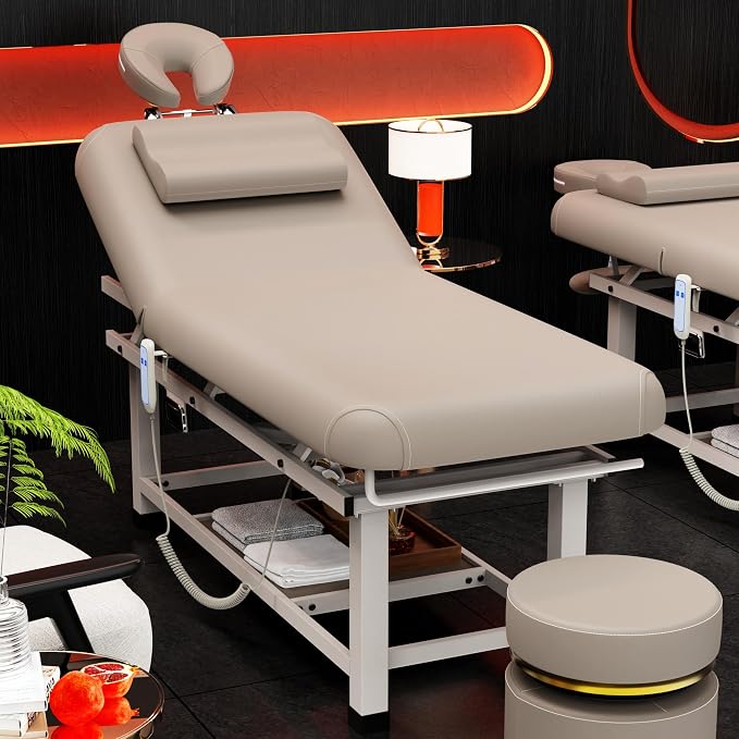 Olela Wide Electric Massage Table - Stationary Massage Table with Electric Lift and Manual Adjustable Backrest, Lash Bed with Storage, PU Leather, Metal Frame for Beauty, Massage, Tattoo