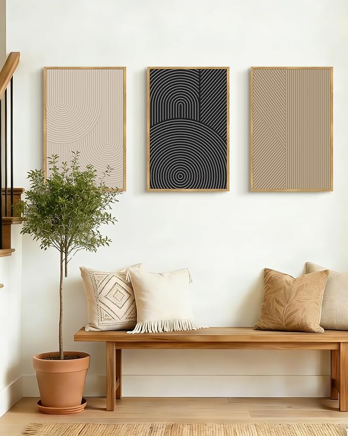 Drsoum Mid-Century Modern Framed Wall Art Large 16x24in Minimalist Abstract Boho Neutral Line Wall Decor Geometric Artwork Kitchen Dining Room Natural Framed